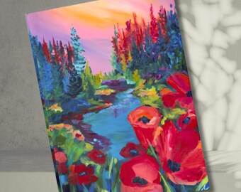 Colorful Landscape Notebook, Floral River Art Journal, Hardcover Lined Journal, Unique Gift for Her, Nature Lover Notebook