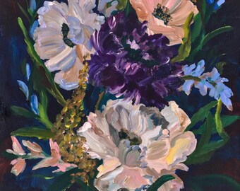 Moody Floral Art Print, Dark Botanical Wall Art, Romantic Purple and Ivory Flowers, Vintage Inspired Decor, Giclée Fine Art Print