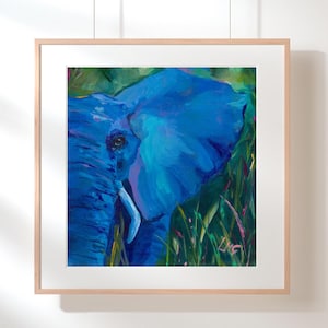 Blue Elephant Giclée Print – Bold Wildlife Wall Art Symbolizing Strength And Wisdom, Perfect For Maximalist Home Décor And Nature Lovers