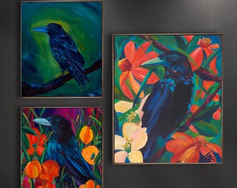 Raven Wall Art Set of 3, Moody Gothic Botanical Prints, Colorful Bird Gallery Wall Decor
