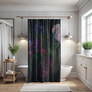 Dark Cottagecore Shower Curtain Floral Bathroom Decor Moody Botanical Black Maximalist Whimsigoth Dark Academia Aesthetic Bathtub Curtain