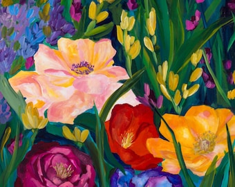 Colorful Floral Wall Art Print, Flower Wall Decor, Botanical Art Print, Vibrant Floral Painting, Living Room Wall Art, Bedroom Decor