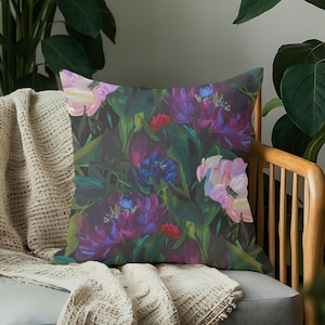 Dark Floral Throw Pillow Black and Purple Peony Cushion Maximalist Vintage Botanical Soft Velvet Accent Pillow Cottagecore Home Gift