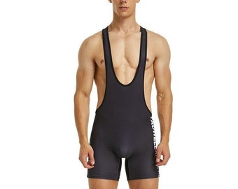 Mens Black Wrestling Singlets Bodysuit Leotard Jumpsuit by Tauwell