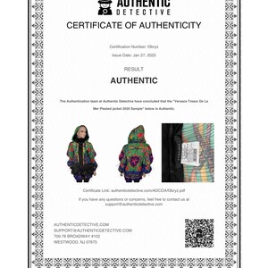 May include: An Authentic Detective certificate of authenticity document with a black decorative border. It features the text Authentic Detective, Certification Number f3bryz, Issue Date Jan 27, 2025, and Result Authentic for a Versace Tresor De La Mer jacket.