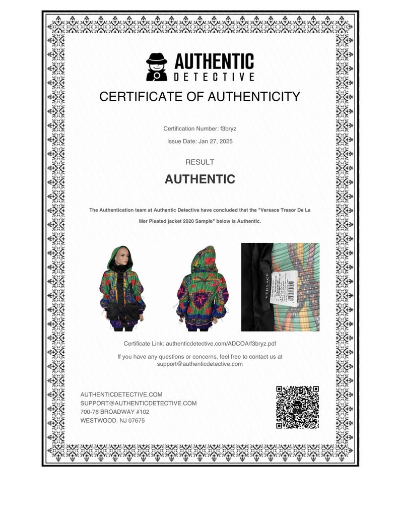 May include: An Authentic Detective certificate of authenticity document with a black decorative border. It features the text Authentic Detective, Certification Number f3bryz, Issue Date Jan 27, 2025, and Result Authentic for a Versace Tresor De La Mer jacket.