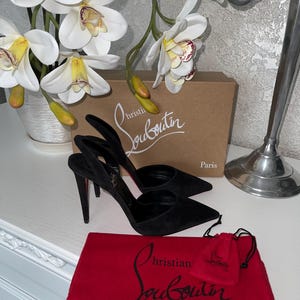 May include: Black suede high heels with pointed toes and red soles. The heels are displayed with a red dust bag and a shoebox. The brand name "Christian Louboutin Paris" is visible on the box and bag.
