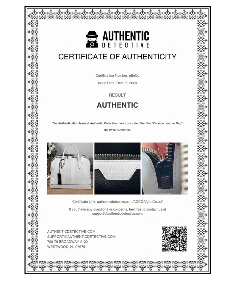 Puede incluir: Certificado de autenticidad de Authentic Detective, que confirma la autenticidad de un bolso de cuero Versace. El certificado incluye el n&uacute;mero de certificaci&oacute;n, la fecha de emisi&oacute;n y un enlace PDF. El resultado es "AUT&Eacute;NTICO".