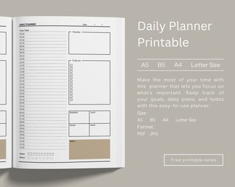 May include: A printable daily planner in A5, B5, A4, and Letter sizes. The planner has a time table, to-do list, priorities, breakfast, lunch, dinner, snack, and notes sections. The planner is available in PDF and JPG formats.