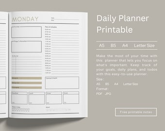 May include: A printable daily planner with a black and white design. The planner includes sections for plans and schedule, to do list, money in and out, exercise and health, and meals. The planner is available in A5, B5, A4, and Letter sizes. The text "Daily Planner Printable" is at the top of the page.