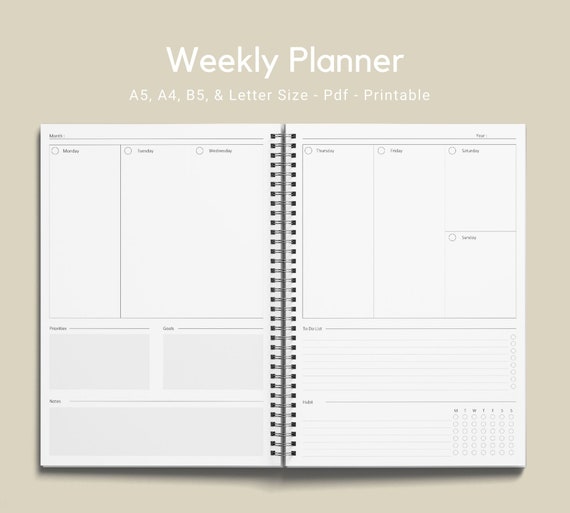 Weekly planner printable Weekly planner template A5 A4 B5 | Etsy
