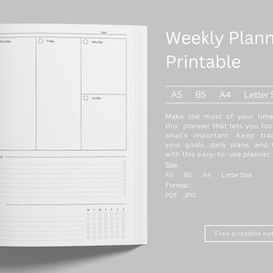May include: A printable weekly planner in A5, B5, A4, and Letter sizes. The planner has sections for Thursday, Friday, Saturday, Sunday, a to-do list, and a habit tracker. The text "Weekly Planner Printable" is at the top of the page.