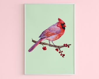 Red Cardinal Print, Bird watercolor painting