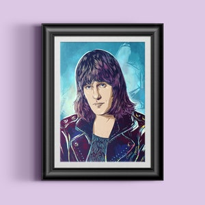 May include: A framed art print featuring a stylized portrait of a person with long, dark hair and a leather jacket. The artwork has a blue and purple color scheme, with a focus on the subject's face and upper body. The frame is black.