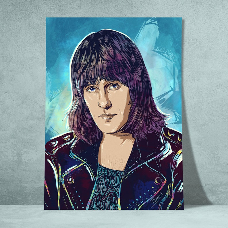May include: Portrait art print featuring a person with long, purple hair and blue eyes. The person is wearing a black leather jacket over a patterned shirt. The background is a blend of blue and teal hues, with a signature in the bottom right corner.