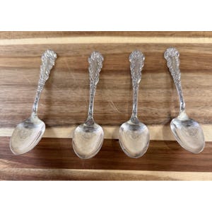 May include: Four silver-toned metal spoons arranged in a row. Each spoon features an ornate, embossed floral pattern along the handle, extending from the neck to the top. The bowls of the spoons are smooth, reflective, and oval-shaped.