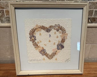 Pressed Dried Wildflower Heart Wall Decor Framed and Ready to Hang Signed 2002