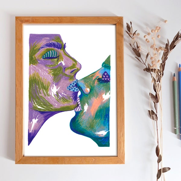 FAITES taire LES MOTS - Illustration A4 aux crayon de couleurs, dessin d'un baiser, affiche amour couple, print pour décor mural