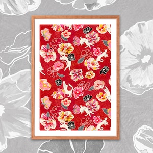 FELINE DANCE, ilustración A3, póster de gatos y flores, decoración floral y animal, estampado para decoración de paredes