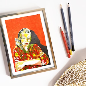 VIUDA NEGRA - Ilustración de un retrato de una mujer con lápiz de color, póster de una fotografía, impresión para decoración de pared