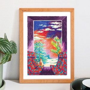 DREAMY TRAIN – Illustration mit Buntstiften, Zeichnung einer Traumreise, Zug- und Landschaftsposter, Druck für Wanddekoration