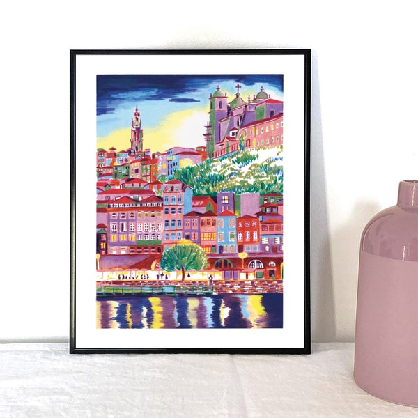 PORTO - Illustration aux crayons de couleurs et pastels A3 - affiche de voyage - architecture et ville - art mural