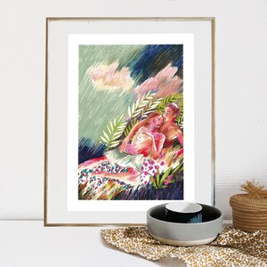 THE LOVERS – Buntstiftillustration, Poster eines nackten Mannes und einer nackten Frau in wilder Natur, Paardruck, Wanddekoration