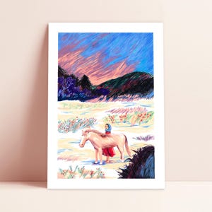 NOMADIC SOULS - Colored pencil illustration, woman and horse poster, landscape and sunset, print for wall decor