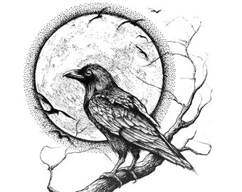Raven and Full Moon / 8"x8" art print of original ink drawing