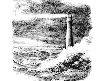 Lighthouse in a Storm / 8&quot;x8&quot; art print of original ink drawing / Nautical Art