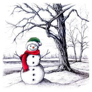 Scène d&#39;hiver de bonhomme de neige | Impression d&#39;art 20 x 20 cm de mon dessin original à l&#39;encre | Art des Fêtes
