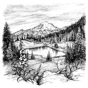 Mt. Rainier Landscape / 8&quot;x8&quot; art print of original ink drawing / Pacific Northwest Art