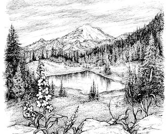 Mt. Rainier Landscape / 8&quot;x8&quot; art print of original ink drawing / Pacific Northwest Art