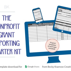 Op de afbeelding: Een blauwe computermonitor die een Google Sheet-sjabloon voor het rapporteren van non-profit subsidies weergeeft. De sjabloon bevat kolommen voor de subsidienaam, het toegekende bedrag en het uitgegeven bedrag. De tekst "10 subsidie sjablonen van elk type inbegrepen!" staat in een roze cirkel op het scherm. De tekst "Sjabloon downloaden voor Google Sheets van Becky Kraenow Creative." staat onderaan de afbeelding.