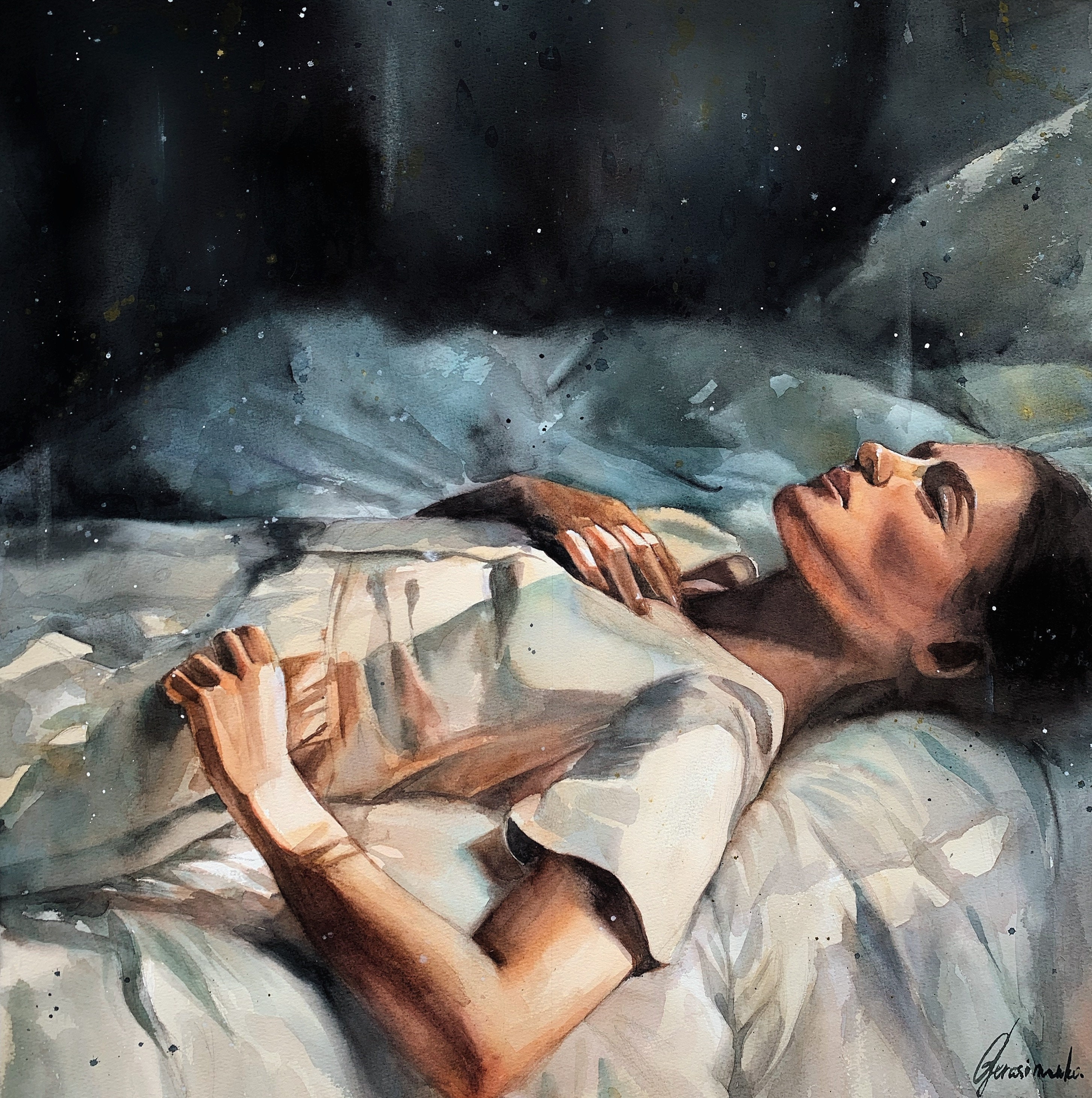 Original watercolor painting girl in bed in blue tones Etsy