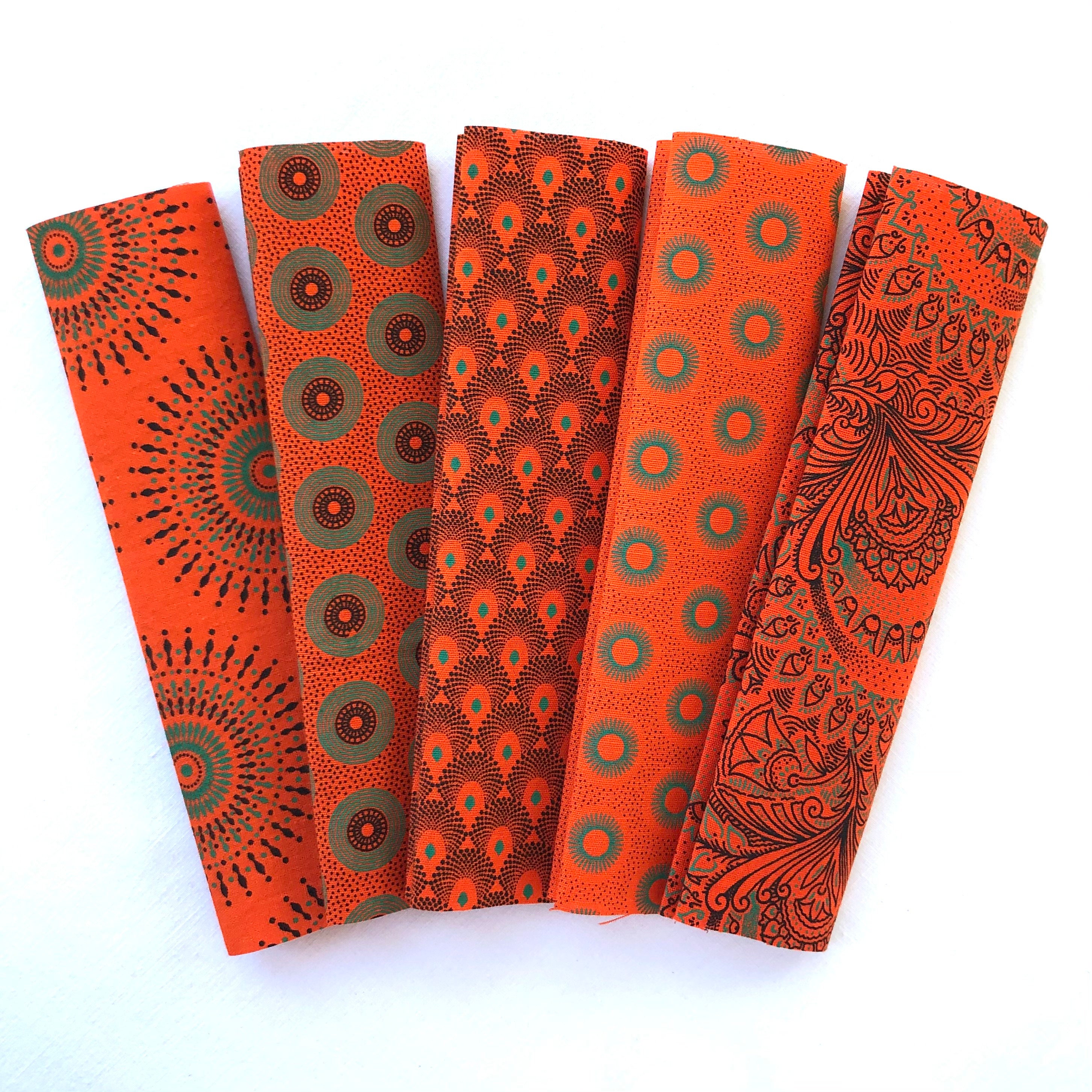 Bright Orange Fabric Scraps Bundle, Ethnic Mandala Print Fabric ...