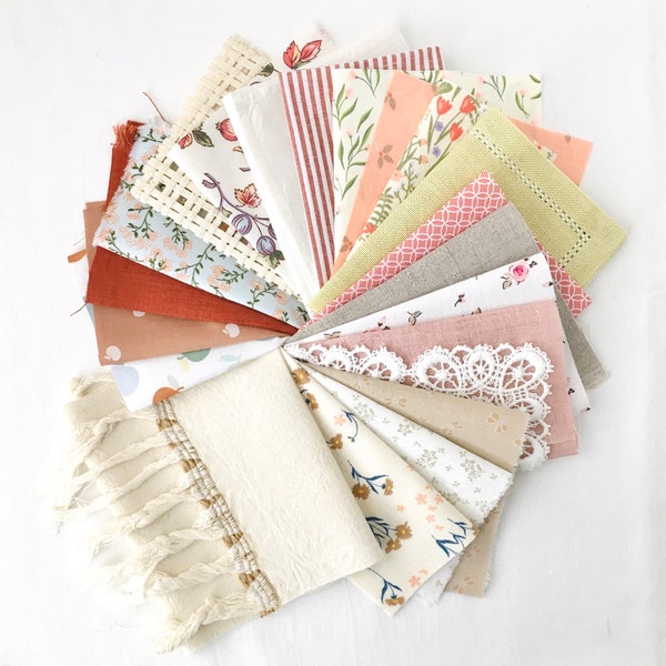 Pastel fabric scraps bundle, Assorted pink beige scrap fabrics, Beginner slow stitching fabric pack, Textile Art, Fabric collage, Mending
