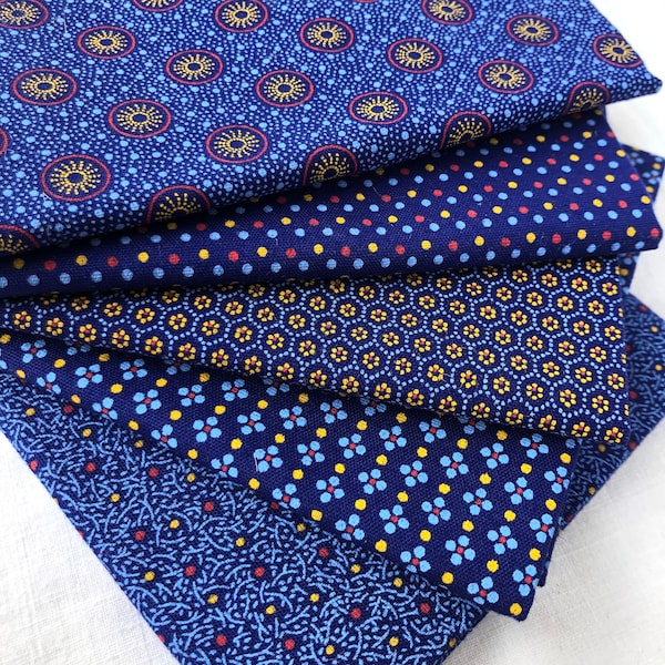 Royal Blue fat quarter bundle, Shweshwe fabric with Blue Yellow Red African prints, Geometric patchwork quilting cotton fabric fat quarters