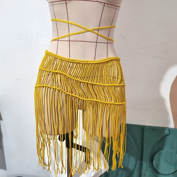 Stylish yellow macrame skirt for the beach, with swimsuit Cover up option