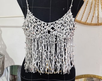 Handcrafted silver sequin macrame crop top - Boho festival fashion