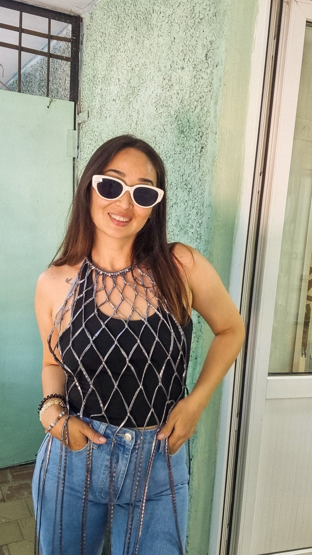 Boho Macrame Top Silver Swim Suit Cover up Festival Outfit Bathing Suit Cover Crop Top