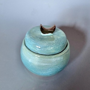May include: A small, round ceramic jar with a lid. The jar is a light turquoise colour with a speckled texture. The lid has a small, gold-coloured handle. The jar is likely used for storing small items.