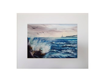 Original watercolour seascape painting, Abstract seascape art, Ocean artwork, moody sky crashing waves wall art, signed picture