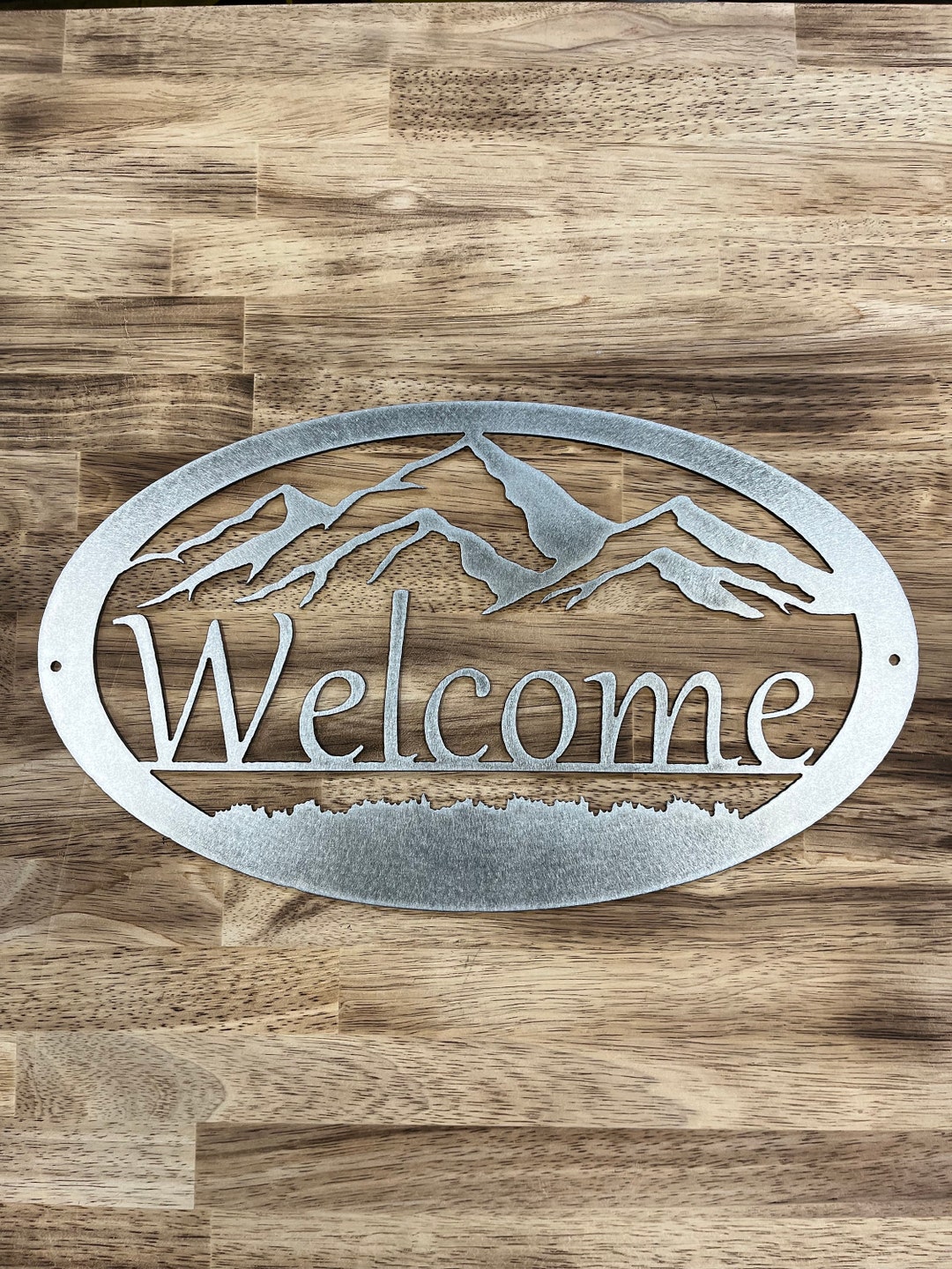 Oval Mountain Welcome Metal Sign, Metal Word Wall Art, Outdoor Welcome ...