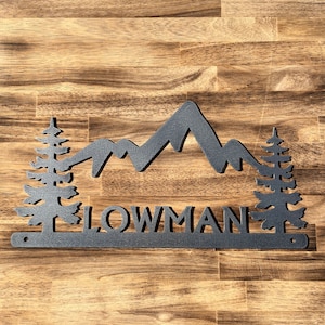 Custom Metal Name Sign, Metal Mountain Tree Wall Art, Outdoor Metal Sign, Metal Wall Hanging, Metal Artwork