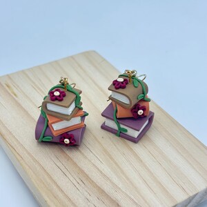 Bookstack Dangle Earrings | Miniature Book Jewellery | Library themed Earrings | Blossom Book Earrings| Tiny Flower Jewellery| Bookish