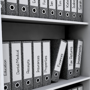 May include: A white shelf with grey file folders labelled with different categories, including Education, Dental/Medical, Receipts, Insurances, Properties, Finances, Tax Returns, and Investments.
