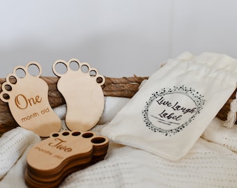 Wooden Footprint Baby Milestone Cards, Newborn Photo Prop