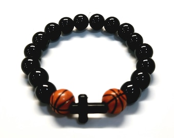 Pulsera de baloncesto con cruz / Pulsera de cordón elástico / Tallas para niños y adultos