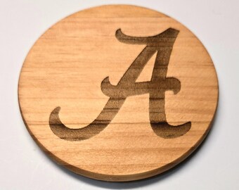 Posavasos de madera grabados con láser de Alabama - 4 pulgadas redondos - Juego de 4